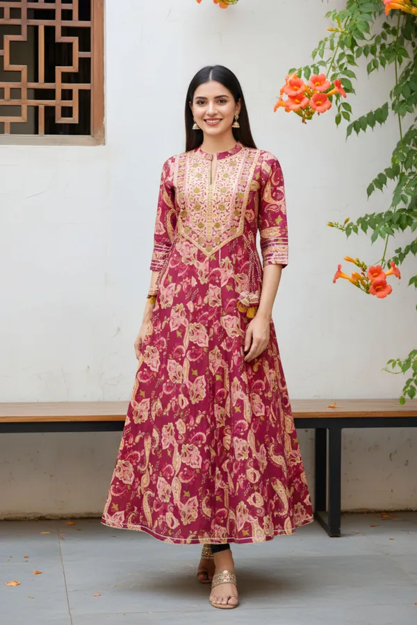 Maroon_Jaipuri_Cotton_Anarkali_With_Embroidery_Yoke_and_Tussles