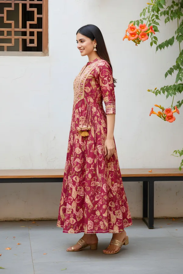 Maroon_Jaipuri_Cotton_Anarkali_With_Embroidery_Yoke_and_Tussles