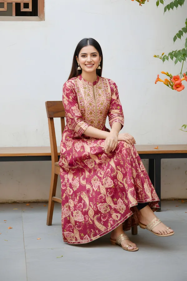 Maroon_Jaipuri_Cotton_Anarkali_With_Embroidery_Yoke_and_Tussles