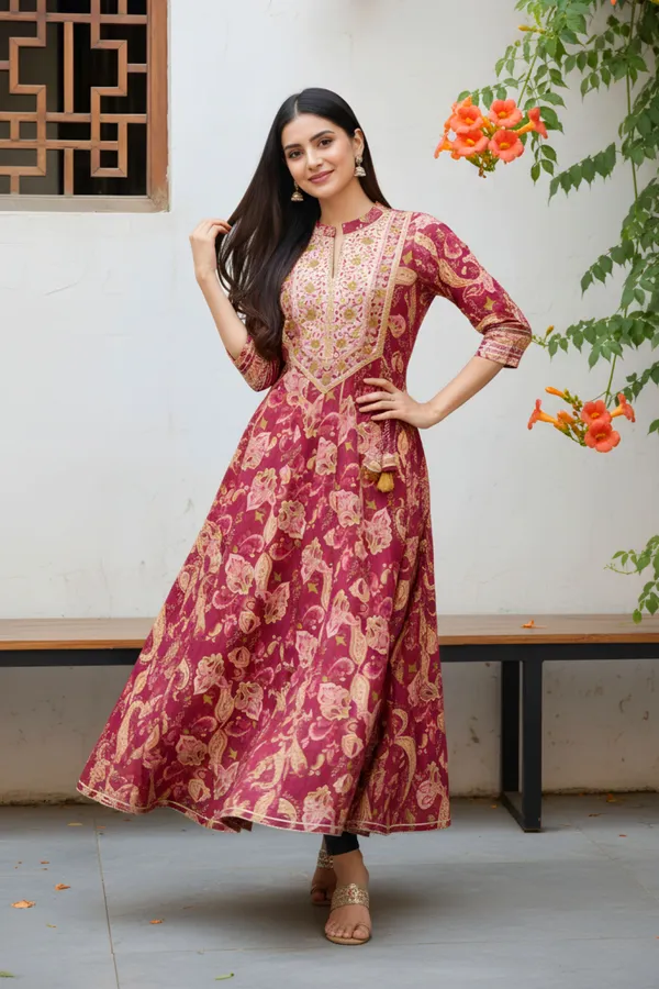 Maroon_Jaipuri_Cotton_Anarkali_With_Embroidery_Yoke_and_Tussles