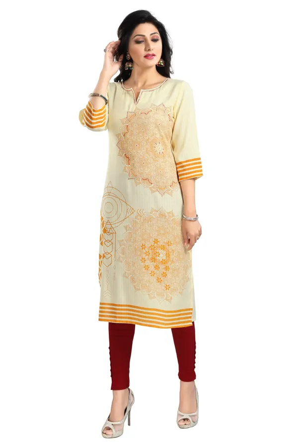 Yellow_Rayon_Textured_Print_Long_Kurta_For_Women
