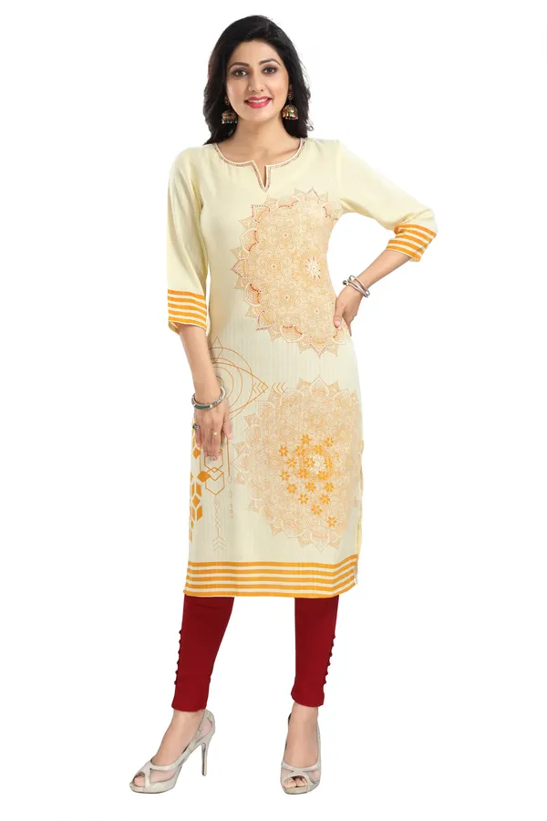 Yellow_Rayon_Textured_Print_Long_Kurta_For_Women