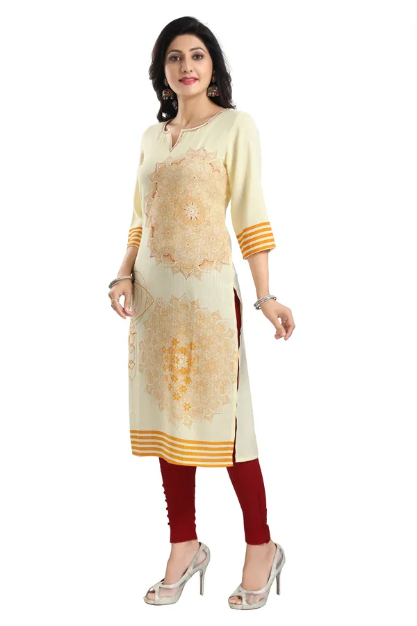 Yellow_Rayon_Textured_Print_Long_Kurta_For_Women