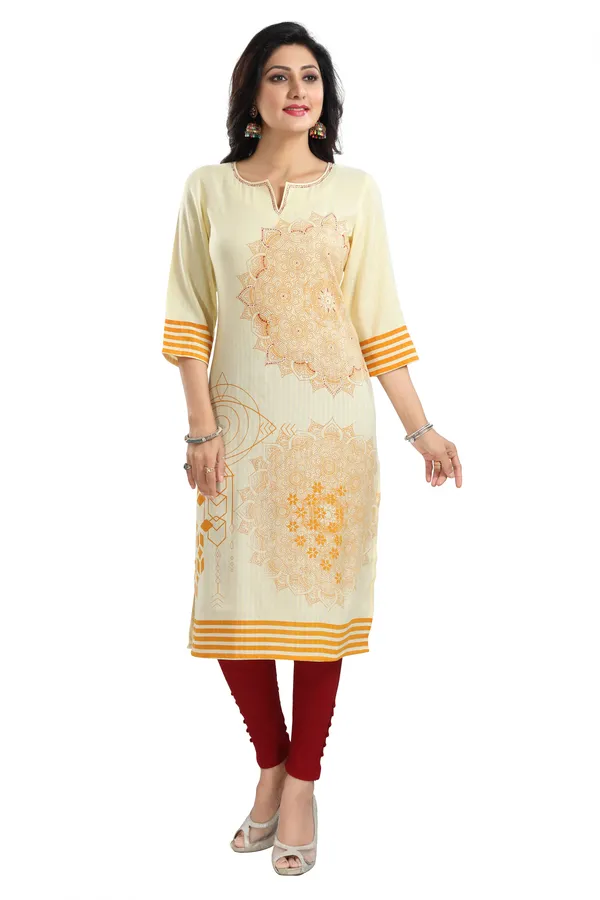 Yellow_Rayon_Textured_Print_Long_Kurta_For_Women