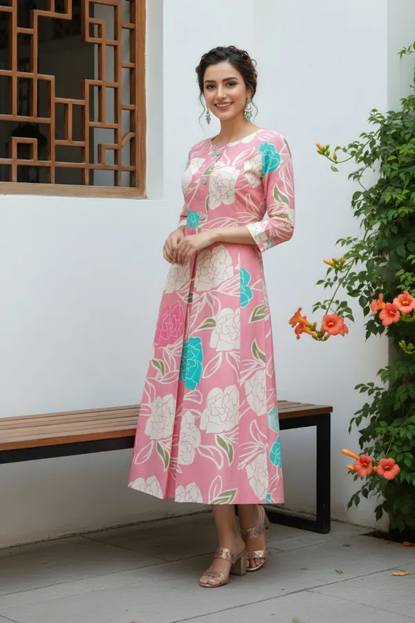 Pink_Flower_Print_Linen_Cotton_Flair_Long_Kurta_For_Women