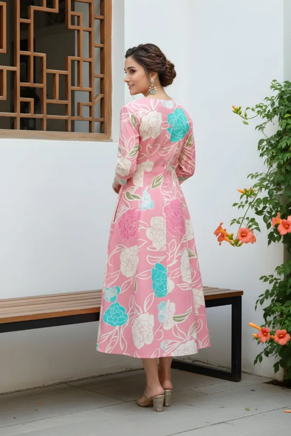 Pink_Flower_Print_Linen_Cotton_Flair_Long_Kurta_For_Women