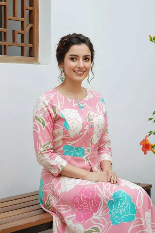 Pink_Flower_Print_Linen_Cotton_Flair_Long_Kurta_For_Women