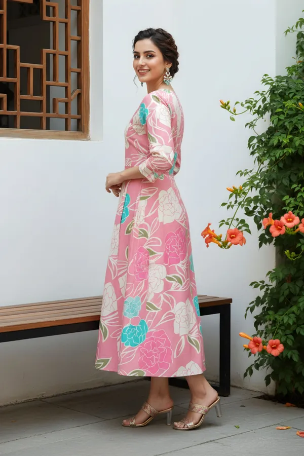 Pink_Flower_Print_Linen_Cotton_Flair_Long_Kurta_For_Women