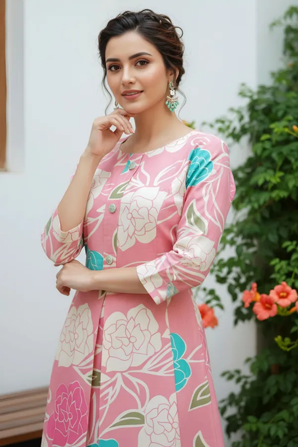 Pink_Flower_Print_Linen_Cotton_Flair_Long_Kurta_For_Women