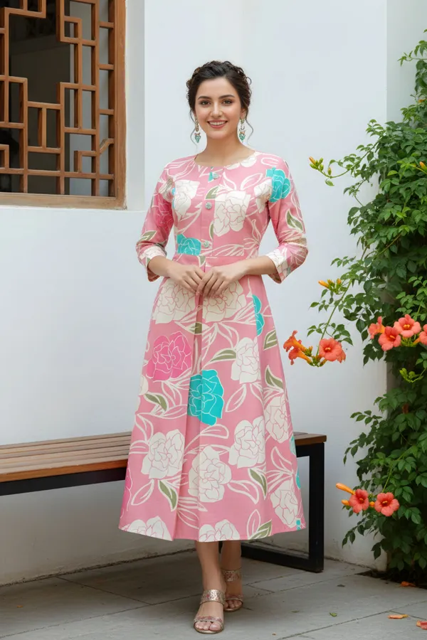 Pink_Flower_Print_Linen_Cotton_Flair_Long_Kurta_For_Women