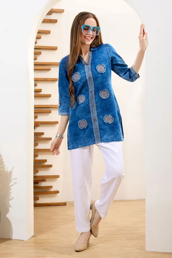 Stylish_Denim_Cloud_Washed_Short_Tunic_With_Patch_Work