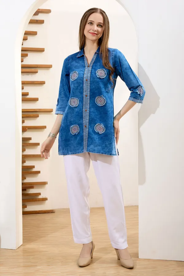 Stylish_Denim_Cloud_Washed_Short_Tunic_With_Patch_Work