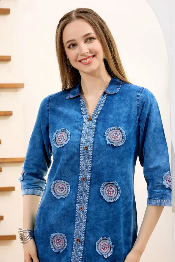 Stylish_Denim_Cloud_Washed_Short_Tunic_With_Patch_Work