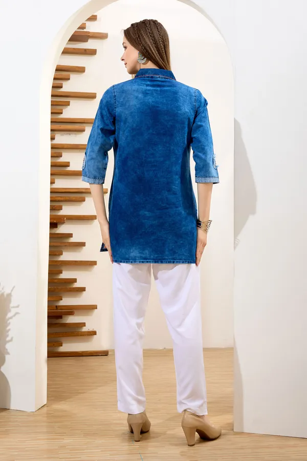 Stylish_Denim_Cloud_Washed_Short_Tunic_With_Patch_Work