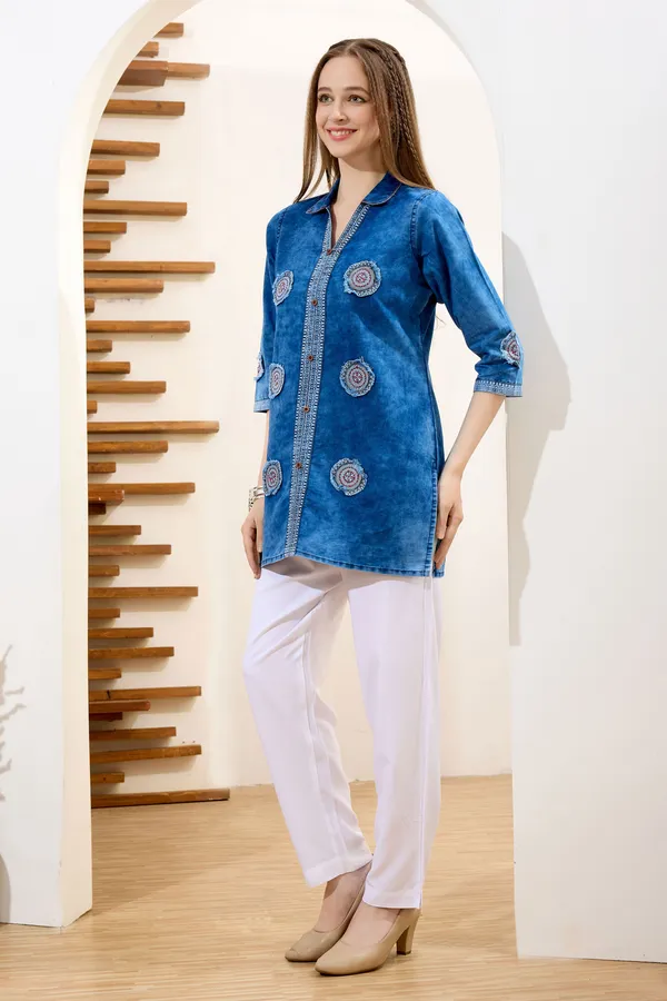 Stylish_Denim_Cloud_Washed_Short_Tunic_With_Patch_Work