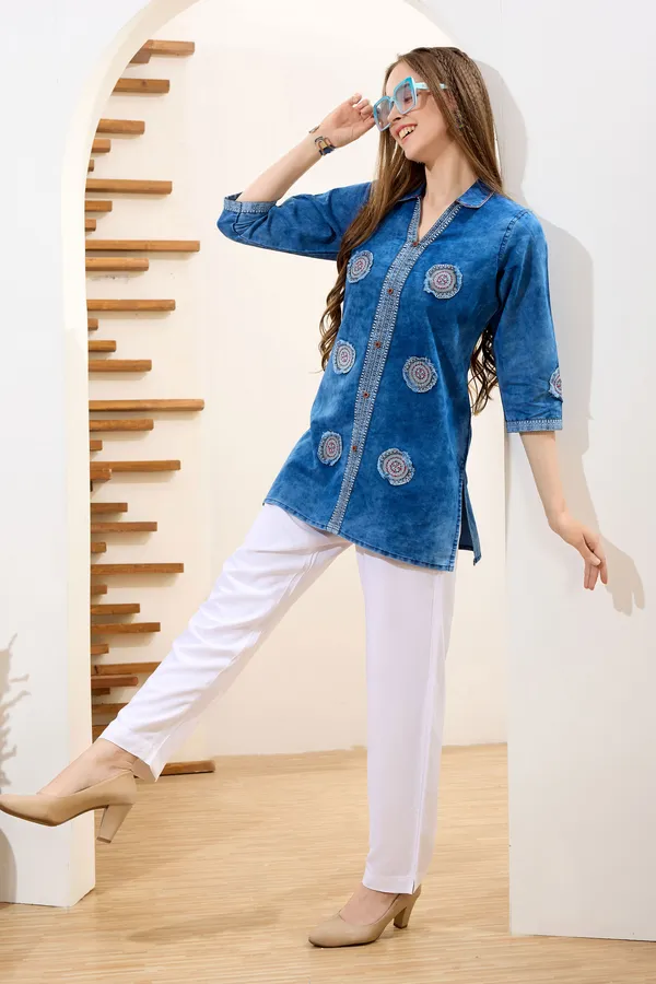 Stylish_Denim_Cloud_Washed_Short_Tunic_With_Patch_Work