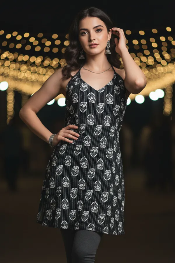 Black_Dabu_Print_Halter_Neck_Corset_Kurti