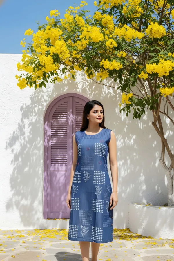 Blue_Denim_Dress_With_Block_Print_And_Embellishment
