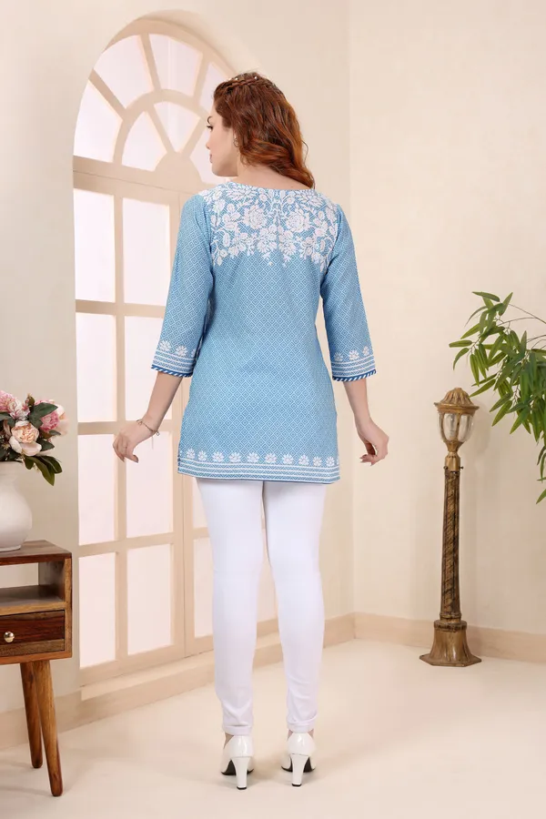 Blue_Cotton_Short_Kurti_Tunic_Top_With_Chikankari_Print_for_Women