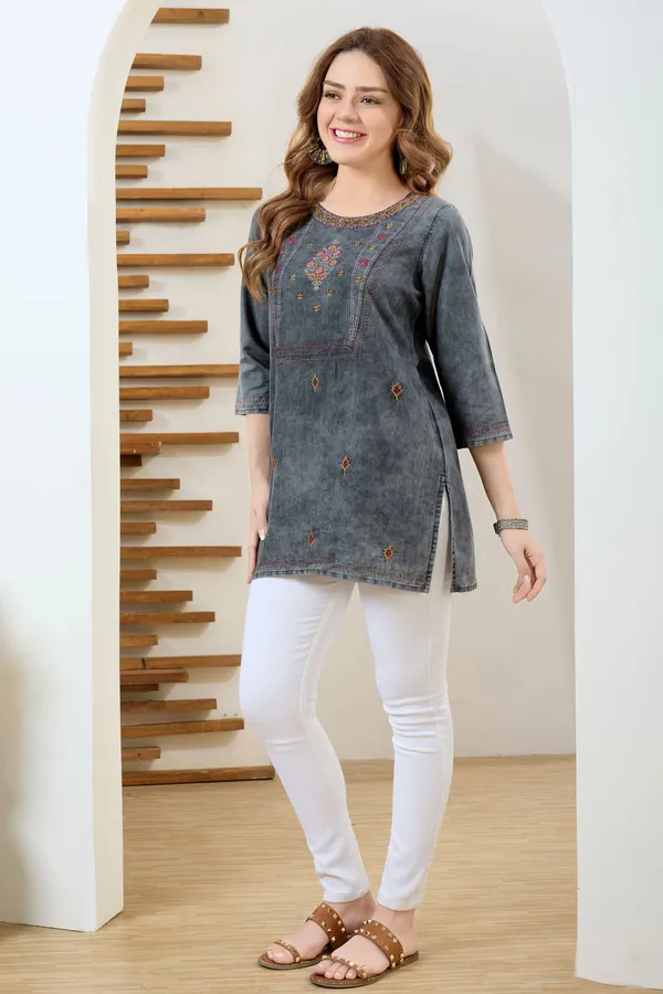 Black_Denim_Tunic_Hand_Embroidery_And_Round_Neck