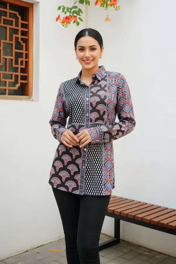 Black_Womens_Modal_Azrakh_Print_Shirt_Style_Kurti_Top