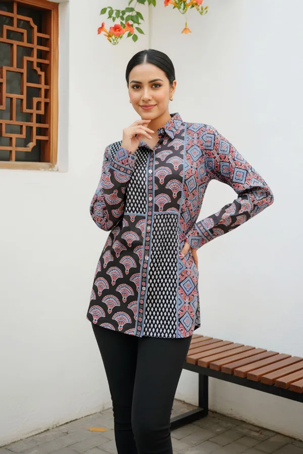 Black_Womens_Modal_Azrakh_Print_Shirt_Style_Kurti_Top