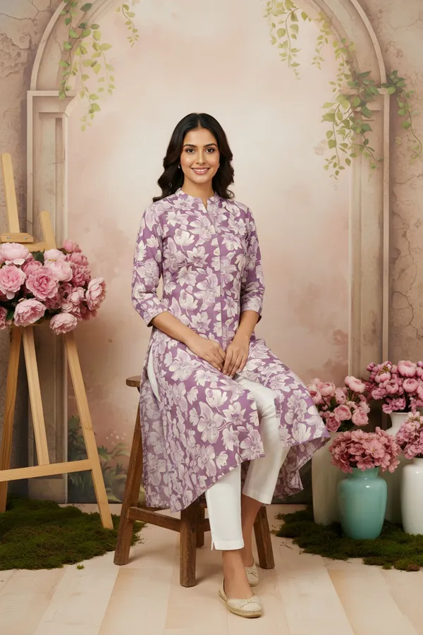 Lilac_Flower_Print_Linen_Cotton_Women_Long_Kurta_With_Ban_Collar