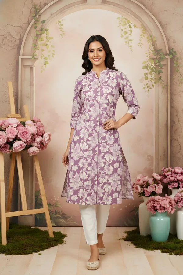 Lilac_Flower_Print_Linen_Cotton_Women_Long_Kurta_With_Ban_Collar
