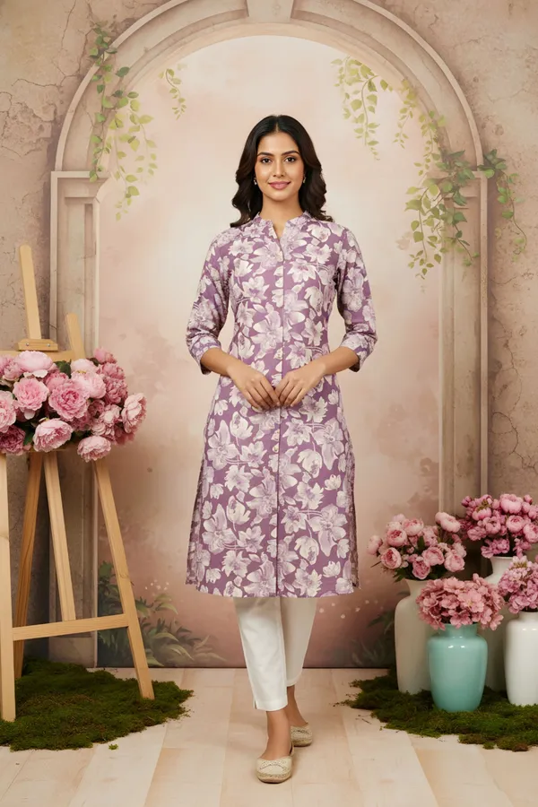 Lilac_Flower_Print_Linen_Cotton_Women_Long_Kurta_With_Ban_Collar