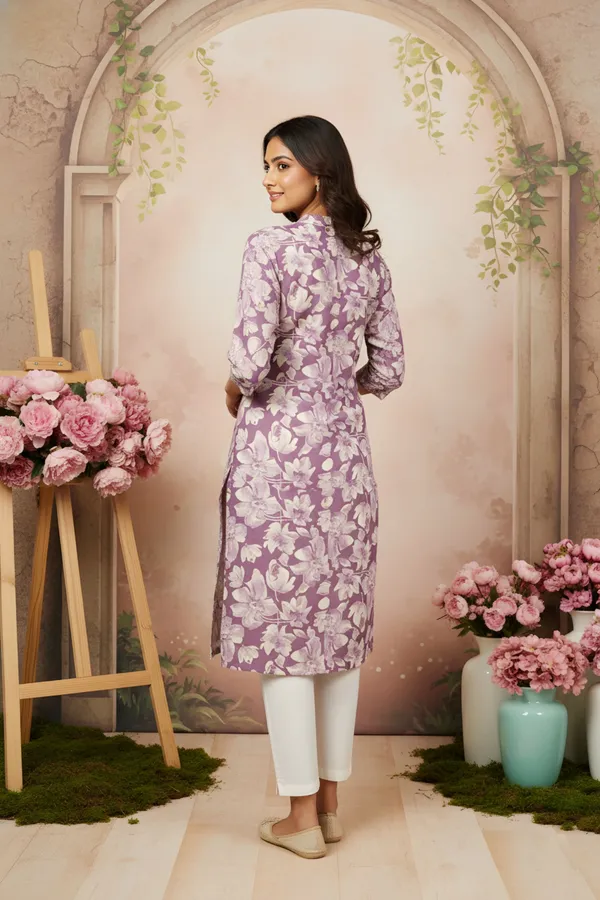 Lilac_Flower_Print_Linen_Cotton_Women_Long_Kurta_With_Ban_Collar