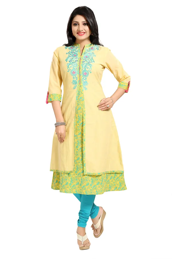 Yellow_Designer_Layered_A-line_Long_Tunic_with_Embroidery