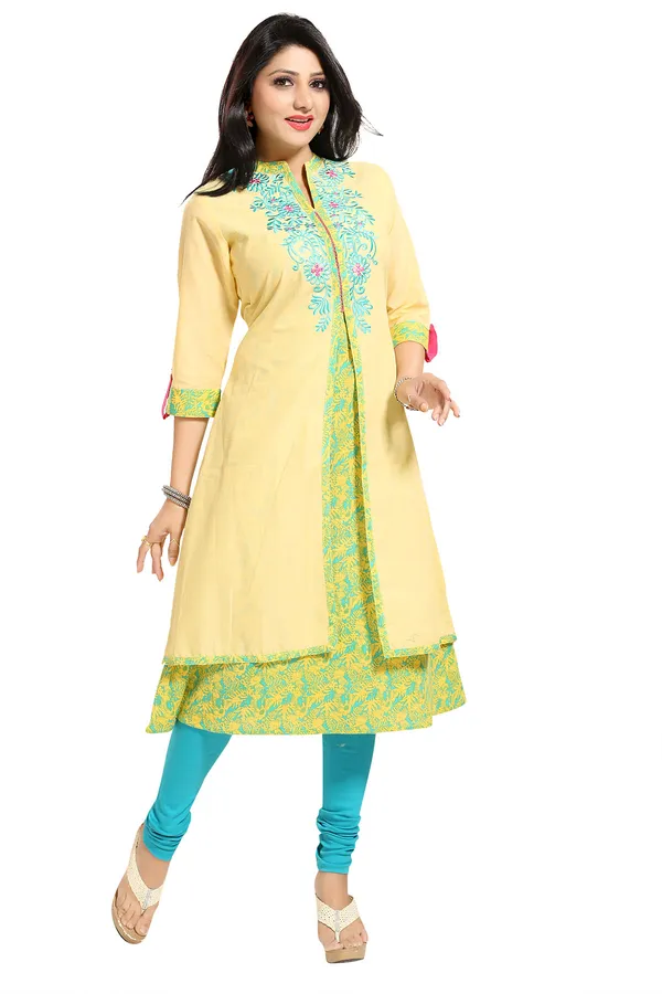 Yellow_Designer_Layered_A-line_Long_Tunic_with_Embroidery