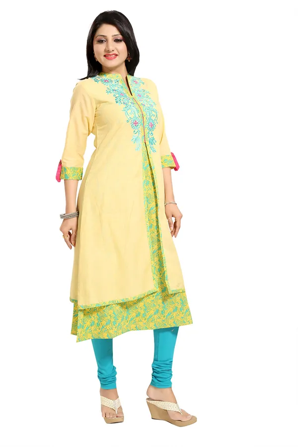 Yellow_Designer_Layered_A-line_Long_Tunic_with_Embroidery