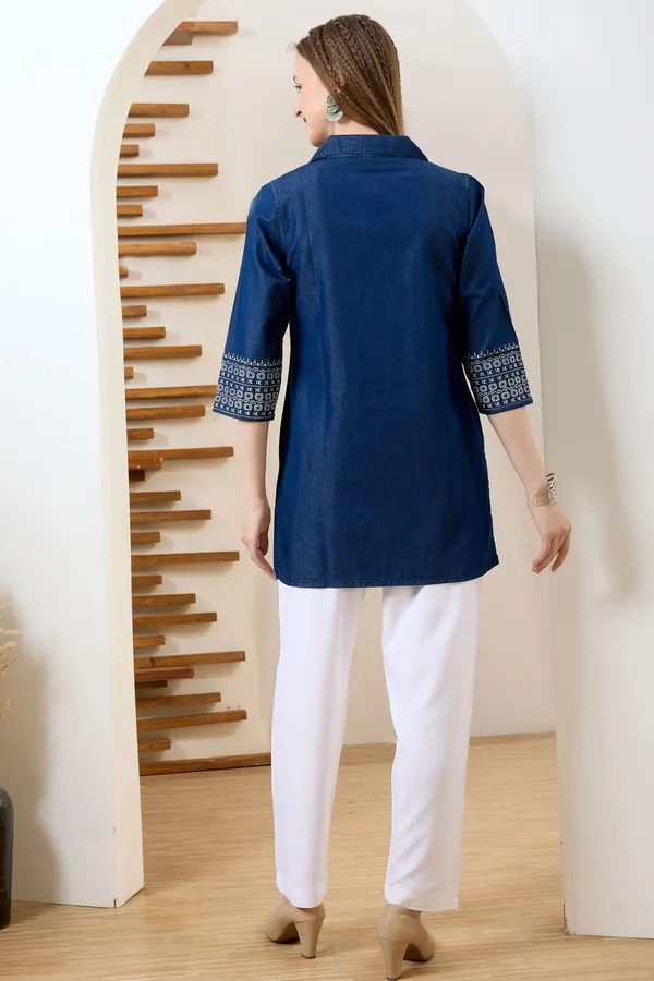 Stylish_Coat_Collar_Denim_Tunic_With_Hand_Embroidery