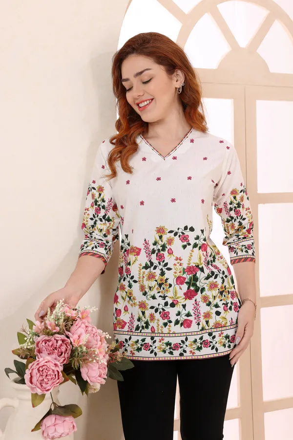 Cream_Cotton_Short_Kurti_Tunic_Top_with_Floral_Print_for_Women