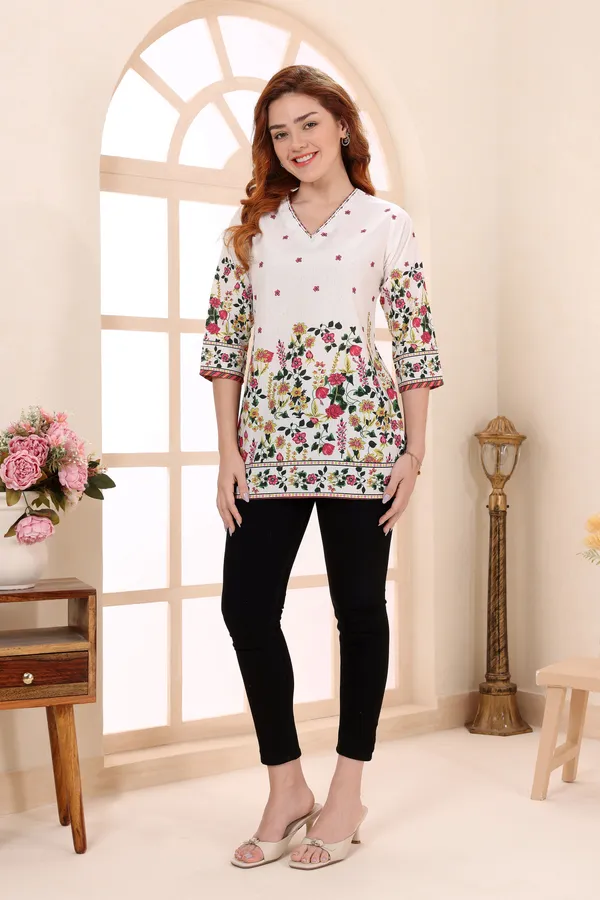 Cream_Cotton_Short_Kurti_Tunic_Top_with_Floral_Print_for_Women