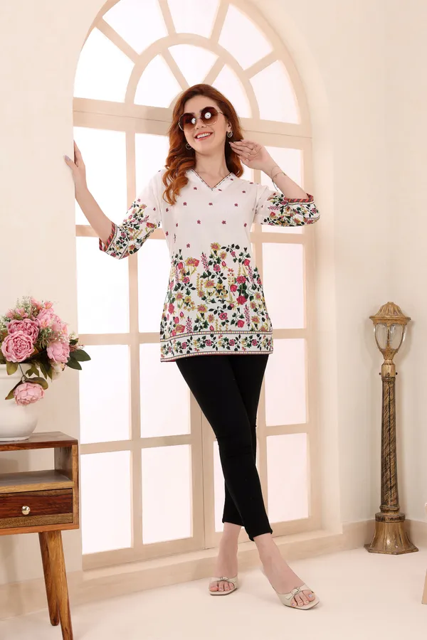 Cream_Cotton_Short_Kurti_Tunic_Top_with_Floral_Print_for_Women