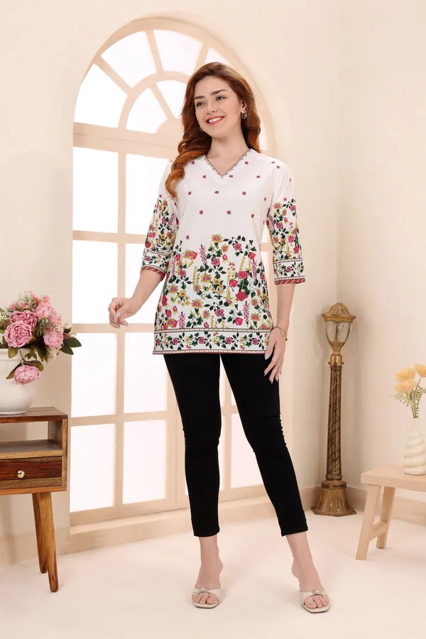 Cream_Cotton_Short_Kurti_Tunic_Top_with_Floral_Print_for_Women