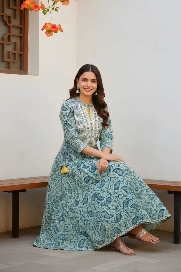 Pleasing_Pista_Jaipuri_Cotton_Anarkali_With_Embroidery_Yoke_and_Tussles
