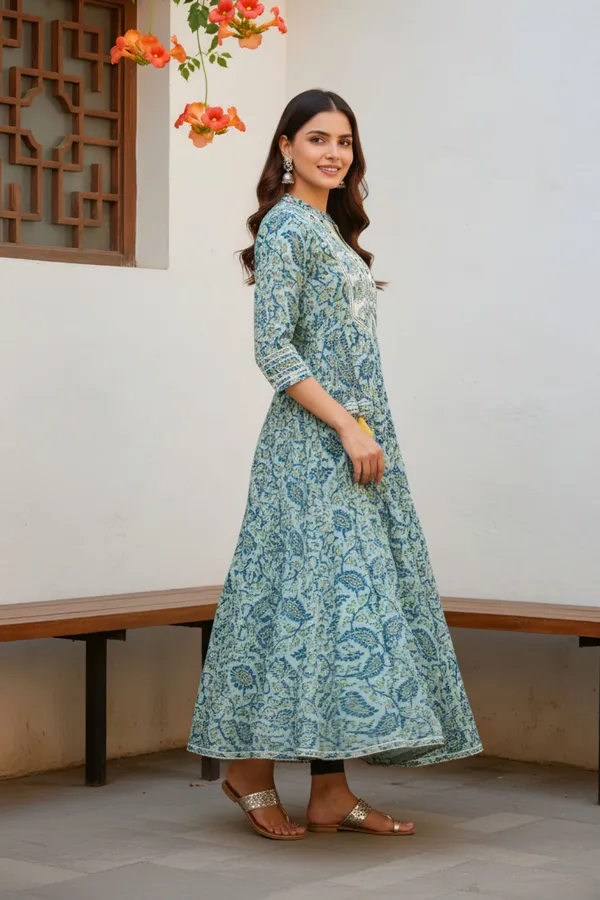 Pleasing_Pista_Jaipuri_Cotton_Anarkali_With_Embroidery_Yoke_and_Tussles