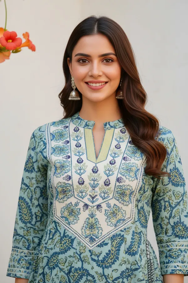 Pleasing_Pista_Jaipuri_Cotton_Anarkali_With_Embroidery_Yoke_and_Tussles