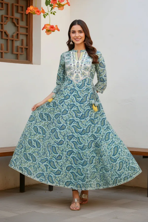 Pleasing_Pista_Jaipuri_Cotton_Anarkali_With_Embroidery_Yoke_and_Tussles