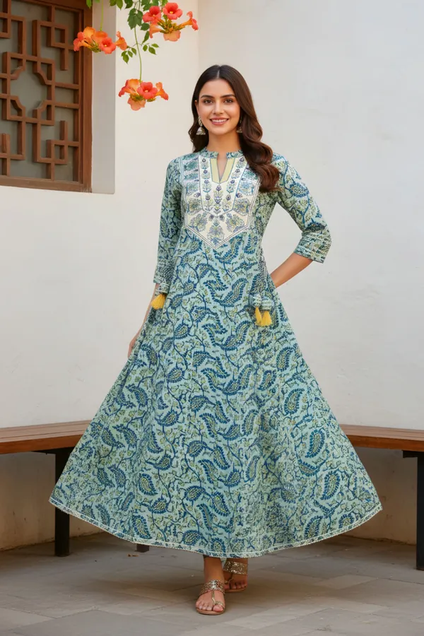 Pleasing_Pista_Jaipuri_Cotton_Anarkali_With_Embroidery_Yoke_and_Tussles