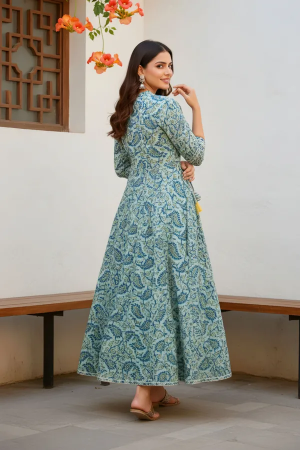 Pleasing_Pista_Jaipuri_Cotton_Anarkali_With_Embroidery_Yoke_and_Tussles