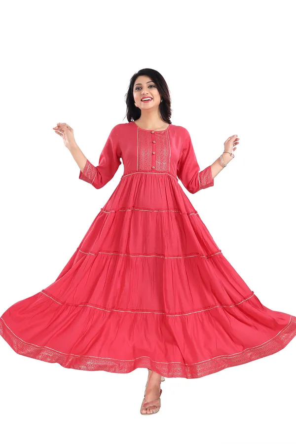 Tomato_Flared_Long_Kurti_With_Golden_Border_and_Gota_Laces