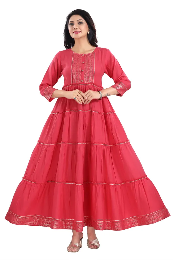 Tomato_Flared_Long_Kurti_With_Golden_Border_and_Gota_Laces