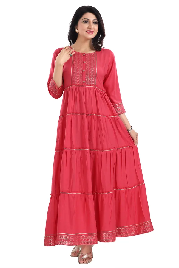 Tomato_Flared_Long_Kurti_With_Golden_Border_and_Gota_Laces