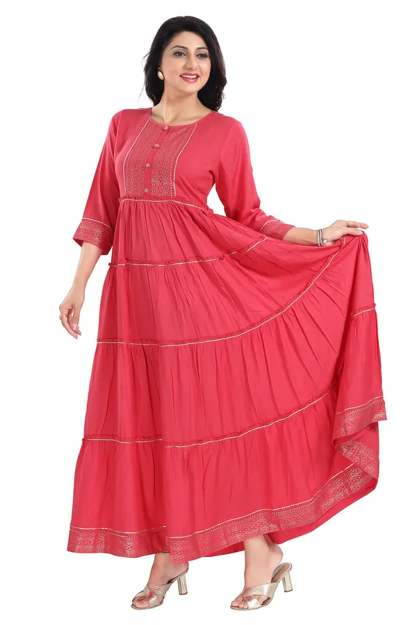 Tomato_Flared_Long_Kurti_With_Golden_Border_and_Gota_Laces