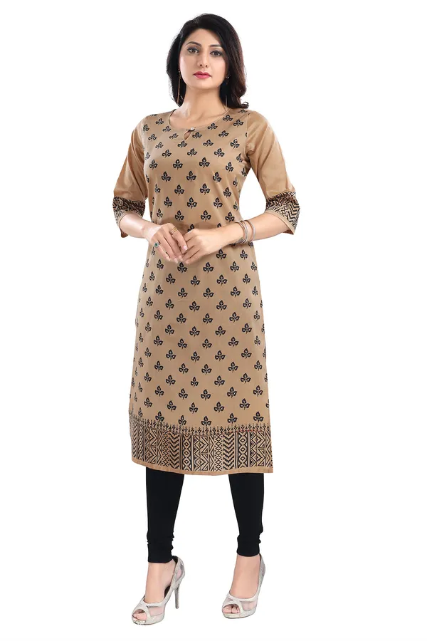 Gold_Cotton_Silk_Block_Print_Long_Kurta_For_Women
