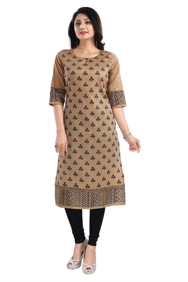 Gold_Cotton_Silk_Block_Print_Long_Kurta_For_Women